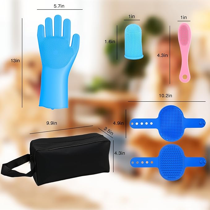 MIYIJHY 7-Piece Pet Grooming Kit with Storage Bag | Portable Bathing Set for Dogs & Cats | Includes Silicone Gloves, Deshedding Brushes & Finger Toothbrushes | All-in-One Pet Care (Ocean Blue)