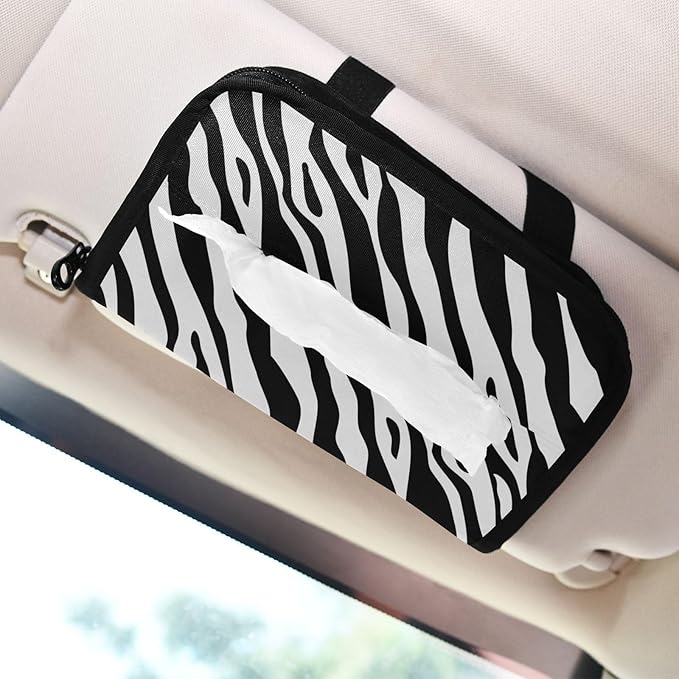 Car Tissue Holder Car Napkin Holder Car Tissue Box Dispenser Storage Case Sun Visor Mask Holder with Adjustable Straps Reusable Refillable Zebra Print