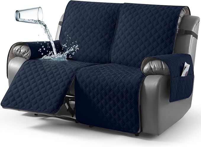 TAOCOCO 100% Waterproof Recliner Couch Covers, Recliner Sofa Covers with Leg Straps, 1-Piece Washable Reclining Sofa Cover with Pocket Couch Protector for Pets Kids(2 Seater, Dark Blue)