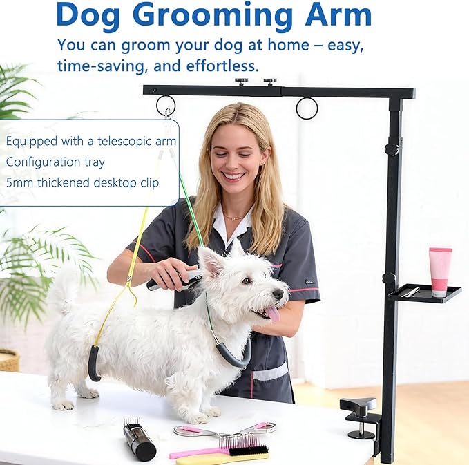 Dog Grooming Table Arm with Clamp (33"-43") | Extendable, Foldable Stand & Restraint with Grooming Hammock, No-Sit Rope, Tray & Bag | for Small/Medium Dogs at Home & Salon