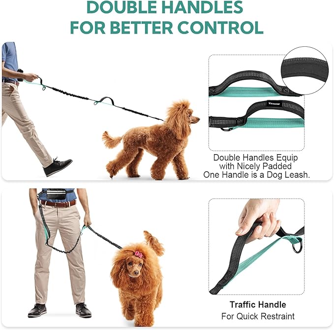 Hands Free Dog Leash with Pouch, Adjustable Waist Belt with Double Padded Handles, Waist Leash for Dog Walking Accessories, Olive