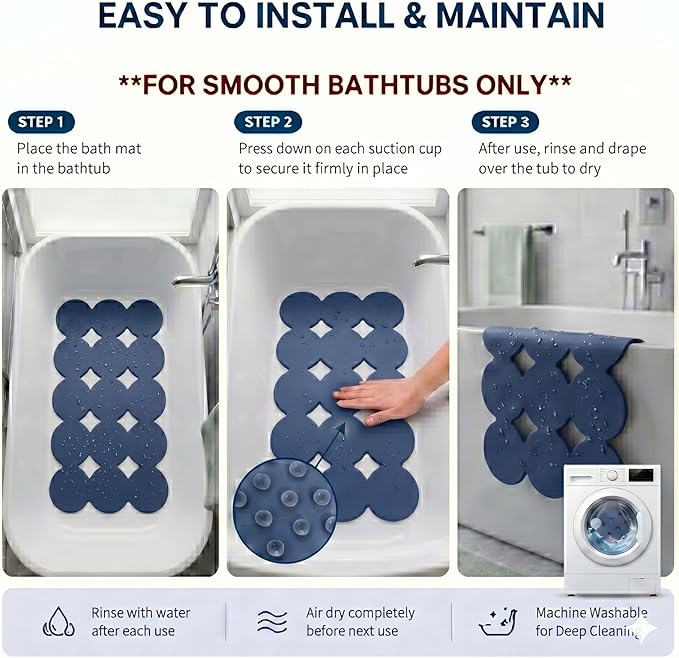 Webos Non Slip Bathtub Mat Shower Mat Bath Mat Tub Mats with Strong Suction Cups Soft Natural Rubber Bath Mat for Inside The tub (Ivy-Blue, 28x16 inch)