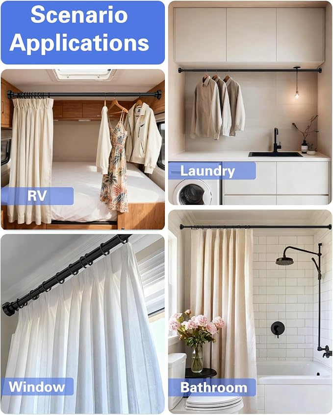 No Drilling Closet Rods for Hanging Clothes, Non Slip Tension Rod with Heavy Duty Clothes Hanging Rod, 17-54 Inches Adjustable Spring Closet Rod for Closet Wardrobe Bathroom Laundry RV, Black