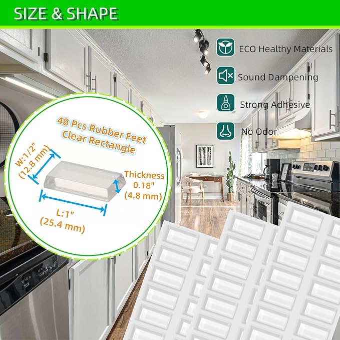 Furnigear Self-Adhesive Rubber Feet, Non-Skid Bumper Pads for Electronics, Speakers, Furnitures, Appliances, Audio Equipment, Laptop - Clear Rectangle (48pcs)