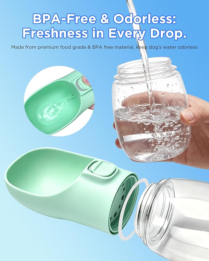 Portable Dog Water Bottle, Leak-Proof Pet Water Dispenser with Water-Saving Reflow, One-Hand Operation & Dishwasher Safe Travel Bottle for Walking, Hiking & Travel, Green