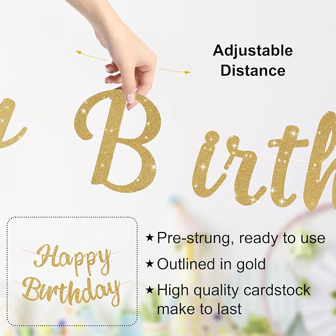 Pre-Strung Happy Birthday Banner, Gold Birthday Decorations with Butterflies and Circle Dot Garland, NO DIY Butterfly Party Decorations for Women Girls