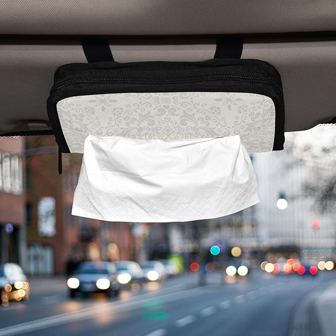 Car Tissue Holder Car Napkin Holder Car Tissue Box Dispenser Storage Case Sun Visor Mask Holder with Adjustable Straps Reusable Refillable White Floral Mandala
