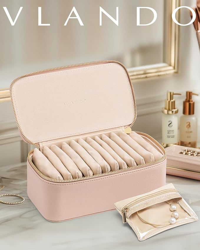 Vlando Jewelry Travel Case,Travel Jewelry Organizer with Clear Velvet Jewelry Bags 12Pcs Zipper Pouch for Women Wedding Gifts for Friends Sister-Khaki