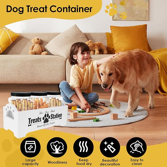 KarHoeGern Dog Treat Container for Countertop Dog Food Storage with 3 Plastic Treat Jars Wood Dog Food Container with Handles and Lids Farmhouse Practical Pet Cat Dog Treat Storage Containers (white)