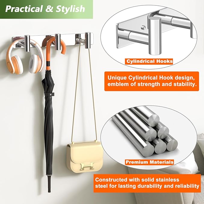 VINHOLD Wall Mounted Coat Rack-3 Hooks, Heavy Duty Stainless Steel Wall Hooks for Towel Coat Bag, Hat Rack Coat Hanger Coat Hooks Towel Racks for Bathroom Entryway Kitchen Hotel (Glossy, 1 Pack)