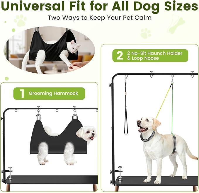 Dog Grooming Arm with Hammock & 2 Nooses - Adjustable Table Arm Height 20''-42'', Width 27''-39'', Table Clamp Up to 2.76'' Thickness, Pet Grooming Table Arm for Small Medium Breeds Up 70IB, Stable