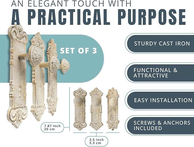 Comfify Shabby Chic Cast Iron Decorative Wall Mounted Hooks - Rustic White - Door Knob Coat Hooks - Set of 3 - Screws and Anchors Included - Antique Wall Hooks for Hanging Clothes