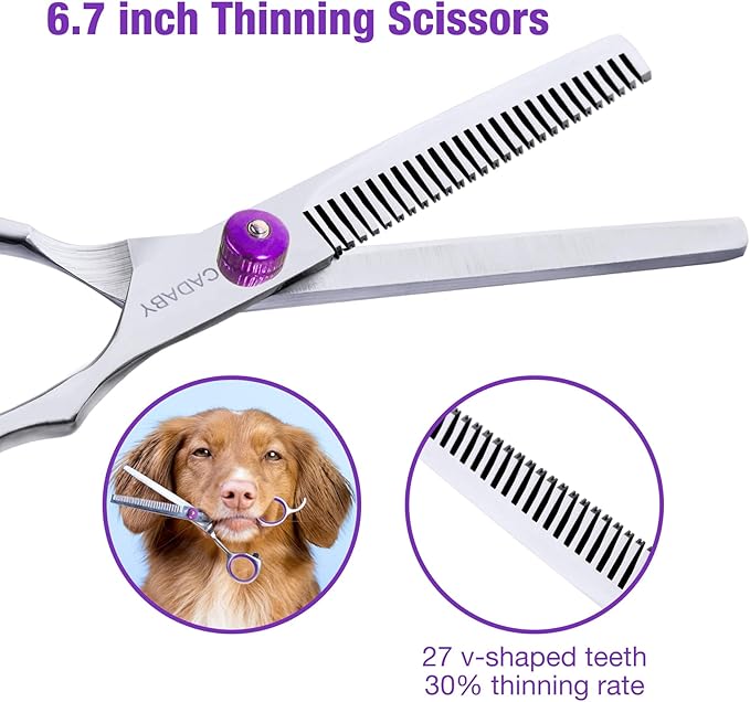 CADABY Professional Dog Grooming Scissors with Safety Round Tips, 3 in 1 Dog Grooming Scissors Kit, 4CR Stainless Steel Pet Grooming Shears, Sharp and Sturdy, Purple