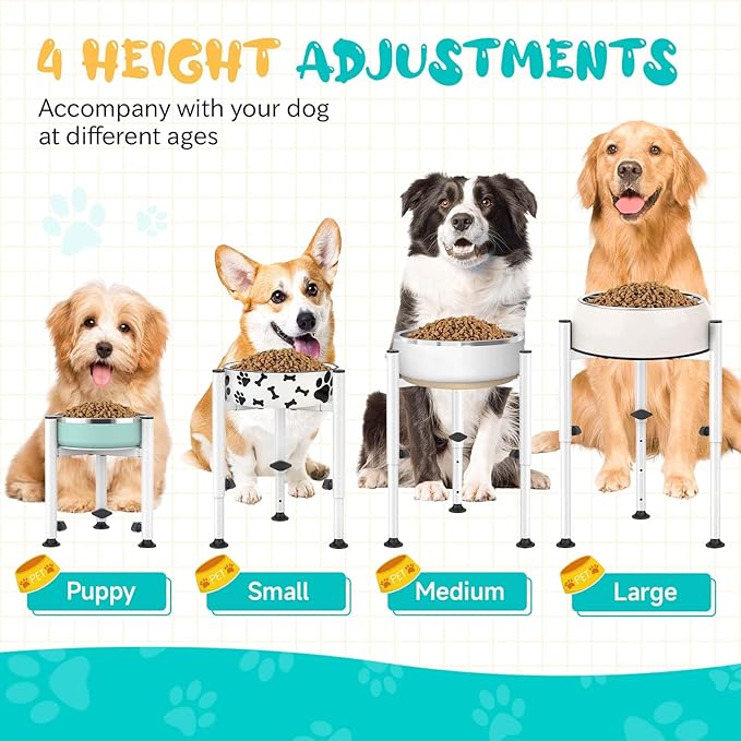 Adjustable Elevated Dog Bowl Stand for Dogs - 4 Heights, Wide 5-10" -Oppro Single Raised Dogs Food Water Bowls Holder, Upgrade Metal Elevated Dog Feeder with Tray for Small Medium Large