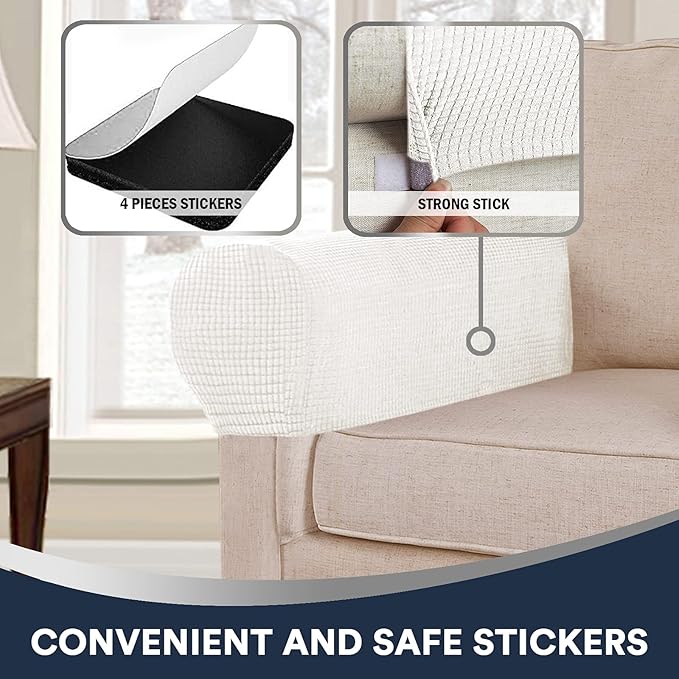 Stretch Sofa Armrest Covers - Spandex Jacquard Anti-Slip Protector for Chairs, Sofas, Couch, Recliner - Set of 2, Off White