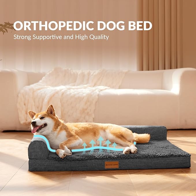 Patas Lague Orthopedic XL Dog Bed Large Sized Dog 42''X28'', Waterproof L Bolster Big Large Pet Sofa Beds with Removable Washable Cover, Soft Pet Couch Crate Mat with Nonskid Bottom, Dark Grey