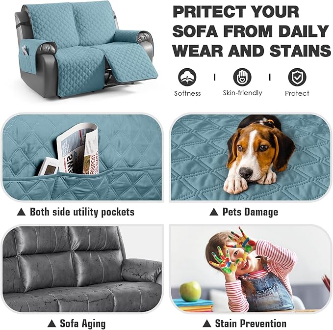 TAOCOCO 100% Waterproof Recliner Couch Covers, Recliner Sofa Covers with Leg Straps, 1-Piece Washable Reclining Sofa Cover with Pocket Couch Protector for Pets Kids(2 Seater, Sky Blue)