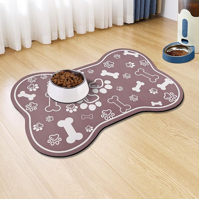 Dog Cat Mat for Food and Water,Rapid Absorbent Pet Feeding Mat, Bone Shaped Dog Placemat Bowl Mat with Rubber Backing,No Stains Pet Food Mats Indoor, Pet Accessories Supplies,Brown 17"×29"