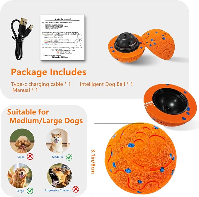 Huimpet Interactive Dog Ball, Automatic Moving, Bouncing Chew Toys, Wicked Balls with 3 Modes, E-TPU Vibrating Dog Ball for Medium and Large Dogs, IP54 Waterproof, Birthday Gifts for Dogs(Orange)