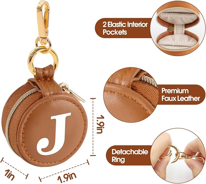 Mini Initial Travel Jewelry Case Ring Holder, Brown Faux Leather Small Jewelry Organizer Box Gifts for Women Girls Nurse Teacher, Gym Travel Accessories Keychain Pouch for Earrings Rings Necklace J