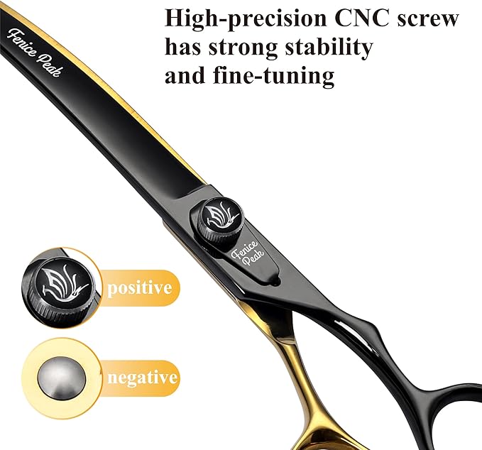 Fenice Peak 8'' Black and Gold Two-color Dog Grooming Scissors Set Straight Thinning Curved and Chunker Shears 4PCS Set with Pattern Screw and Ergonomic Offest Handle 440C Sharp and Durable