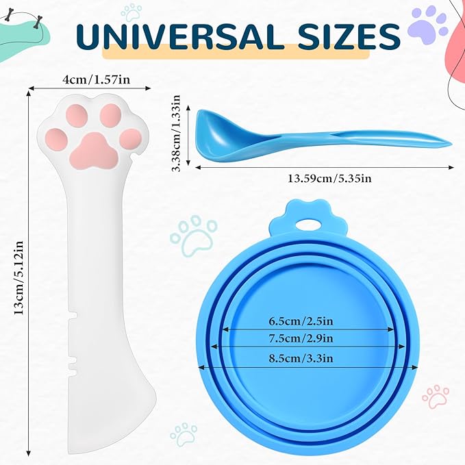 Uiifan Cat Food Lid Cat Food Can Covers Lids 8 Pcs Pet Can Supplies Set 5 Silicone Wet Kitten Foodstuff Tin Covers Lids 2 Silicone Dog Spoons 1 Paw Shape Multifunctional Opener for Pets(Blue)