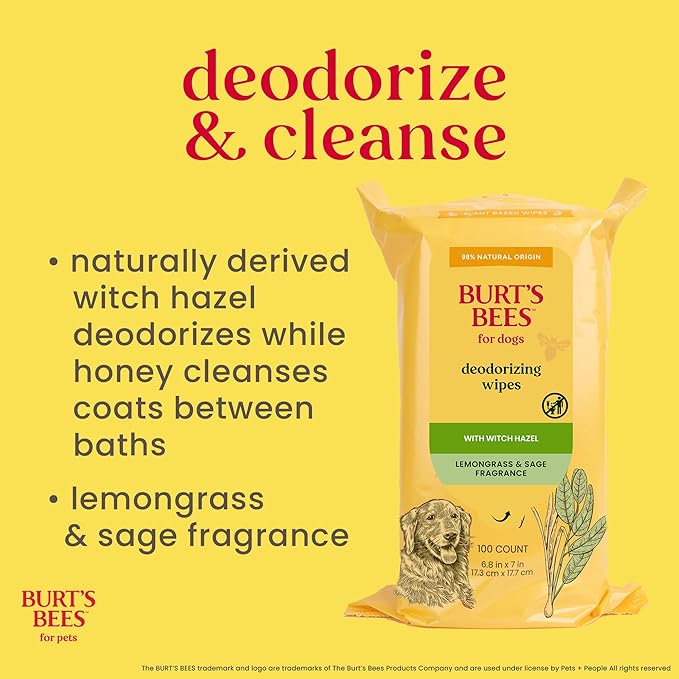 Burt’s Bees for Pets Dog Wipes for Daily Grooming with Witch Hazel - Deodorizing Wipes That Clean Paws and Face, 98% Natural Origin, Waterless Bath Formula, 100 Count