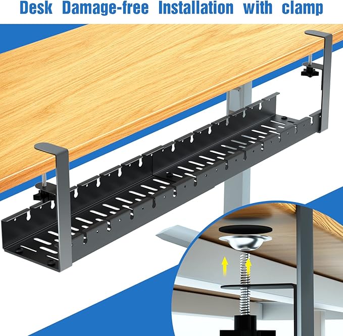 No Drilling Extendable Under Desk Cable Management, Metal Cable Management Tray Under Desk with Clamp, Retractable Power Strip Cord Holder for Wire Management 31Inch (1 Pack Black or white random 31')