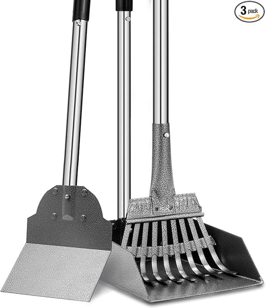 Dog Pooper Scooper, Tray Rake and Spade 3 Pack Poop Scoop Adjustable Long Handle Metal with Bin for Pet Waste Removal, No Bending Clean Up for Large and Small Dogs