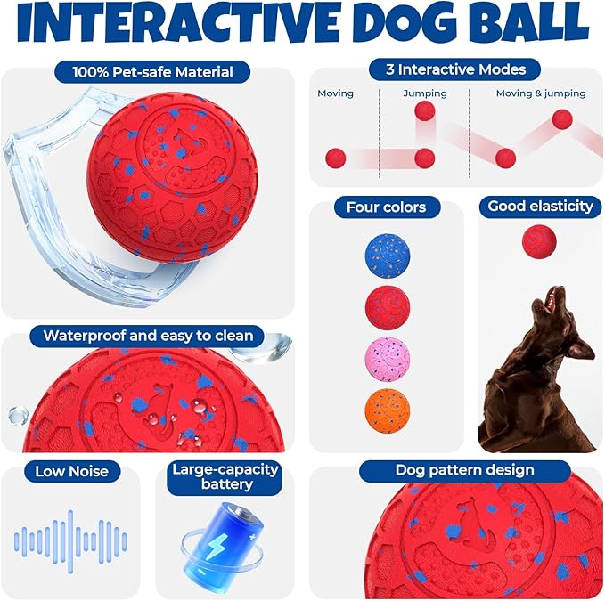 Fsitego Dog Balls: Interactive Dog Ball Auto Rolling - Interactive Dog Toys for Aggressive Chewers - Bouncy & Throwable, Type-C Rechargeable, Washable, for Small & Medium & Large Dogs – Red