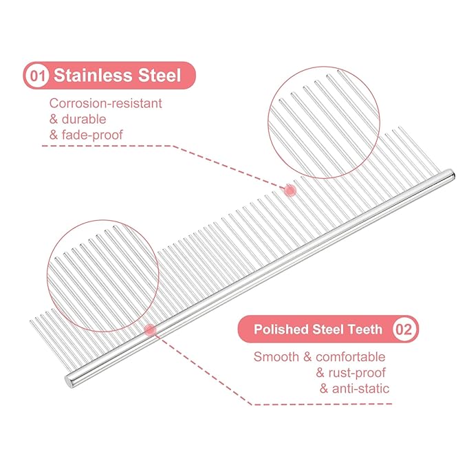 PETAXCELL Dog Cat Comb, Pet Combs Stainless Steel Teeth with Rounded Ends for Knots Mats Loose Hair Removal, 6.5/7.5IN (Silver, 2 Pack), Grooming Tool Intended for Long Curly Hair Pet