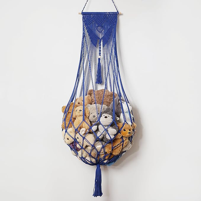 Stuffed Animal Net or Hammock Corner or Wall Hanging Net for Plush Toy Storage Boho Macrame Toy Display Nursery Bedroom Decor Stuffy Animal Toy Organizer (Blue)