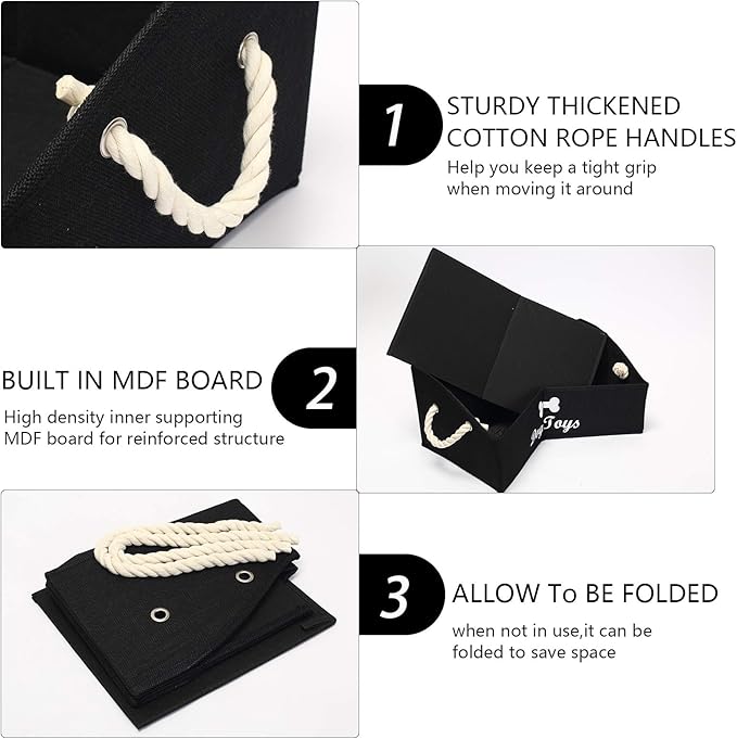 Geyecete Large Dog Toys Storage Bins - Foldable linen Trapezoid Organizer Boxes with weave Rope Handle, Collapsible Basket for Shelves (Black-DOG)