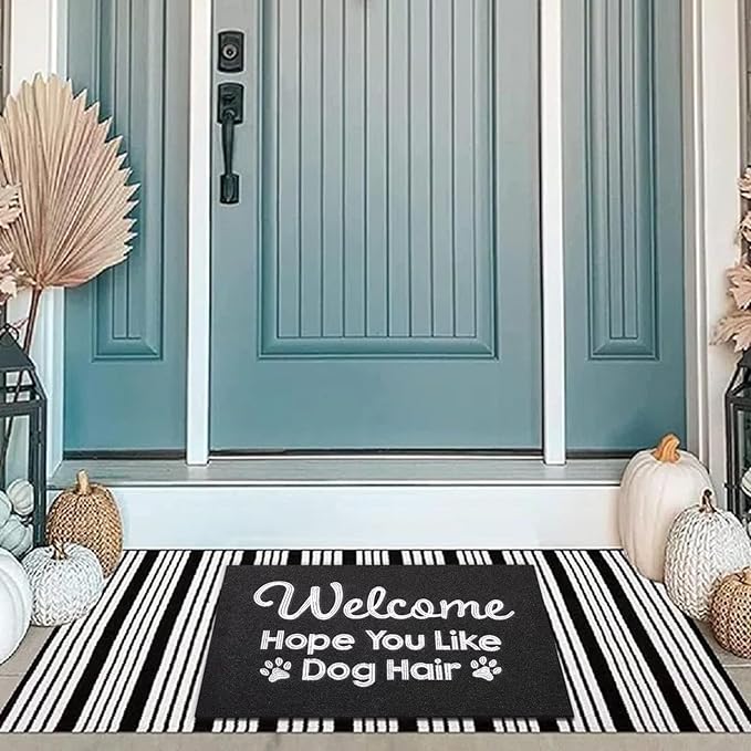 Black Indoor Doormat, Dog Hair Mat Standard Welcome Front Door Entryway Mats, Funny Door Mat, Durable Non Slip Rubber Dirt Entrance Mats, 28" x 18"