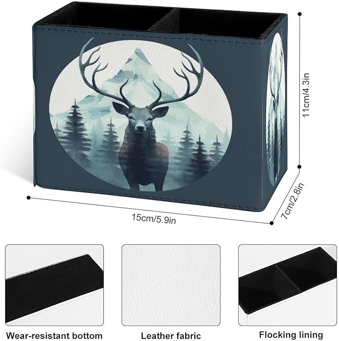 Famame Deer Head Trees Mountains Pencil Holder for Desk, Leather Desktop Container Pen Cup Storage Study Table Pen Organizer Makeup Brush Holder for Classroom Office Home