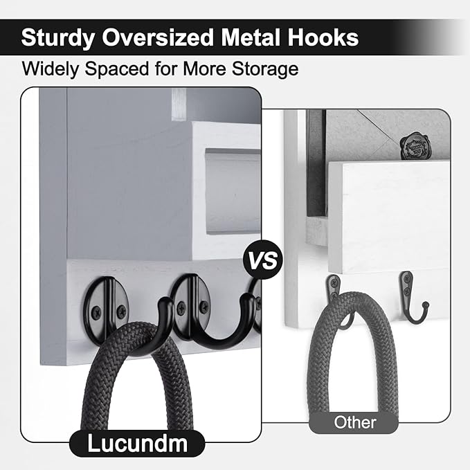Lucundm Key and Mail Holder Wall Mount, Key Hanger with Long Storage Box and Key Hooks for Coat, Dog Leash, Home Decor Rack, House Accessories, Entry Way Organizer