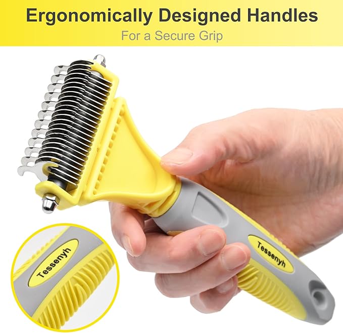 Tessenyh Professional Dog Brush for Shedding, Undercoat Rake for Medium and Long Haired & Double Coated Dogs, Double Sided Design with 12+23 Blades