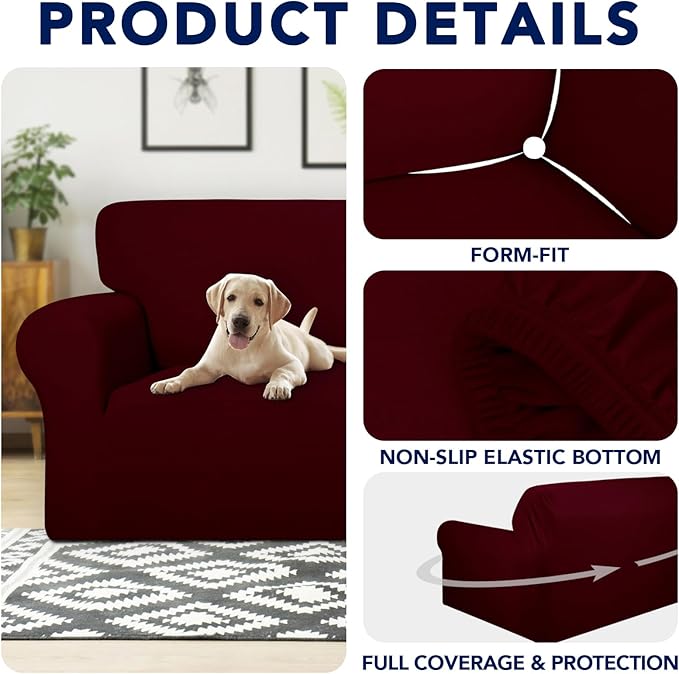 PureFit 100% Dual Waterproof Couch Cover Slipcovers for Couches and Sofas - Stretch Non Slip Fleece Sofa Covers Washable, Leakproof Furniture Protector for Kids, Pets, Dog (Loveseat, Wine)