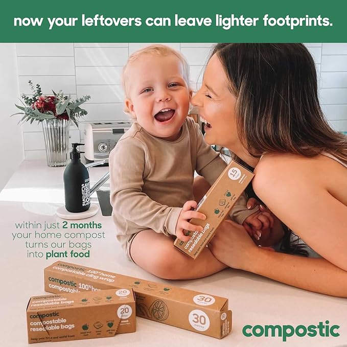 Compostic Home Compostable Resealable Gallon Bags, Microwave & Freezer Safe, Organic Food Storage Container, 60 Count