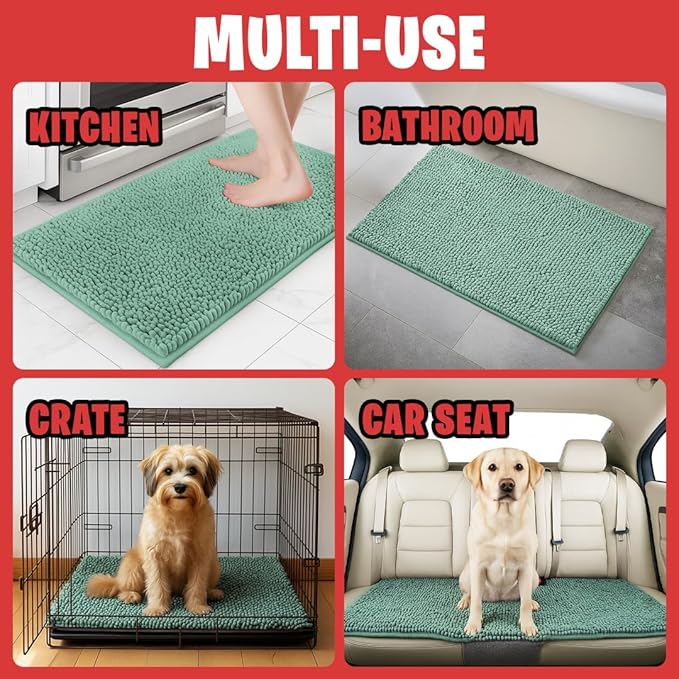 MudGuard Mat™ Dog Door Mat for Muddy Paws, Super Absorbent Microfiber, Non-Slip Indoor Mat, Quick Dry Chenille Mud Mat for Dogs & Entryway, Washable, Sea Green 19" x 30"