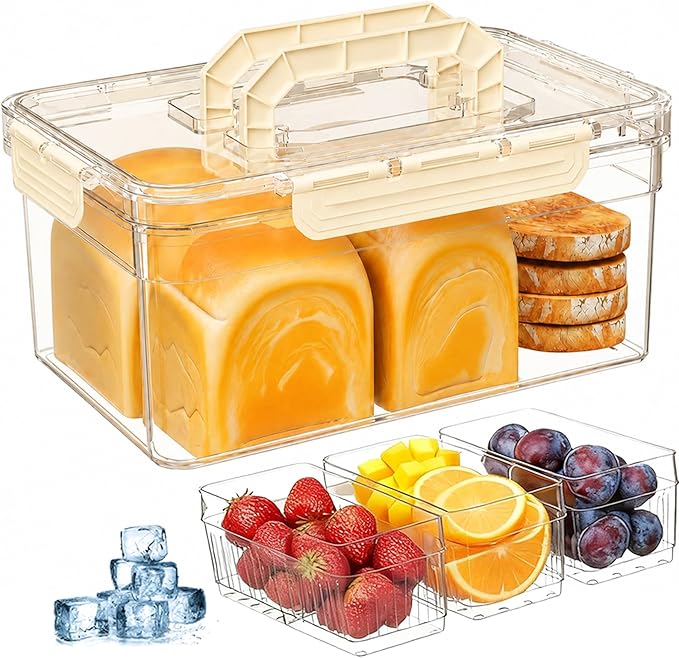 Bread Box with Ice Chilled Condiment Caddy, Portable Airtight Storage Container with Lid Handle for Kitchen Counter, Keeper for Homemade Bread, Toast, Bagel, Cookies, Beige
