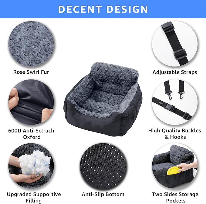 Dog Car Seat for Small Dogs, Washable Pet Booster Seats with Clip-On Safety Leash, Comfy Deluxe Plush Carseat with Storage Pockets, Puppy Car Travel Carrier Bed for Dogs Under 25 lbs, Black
