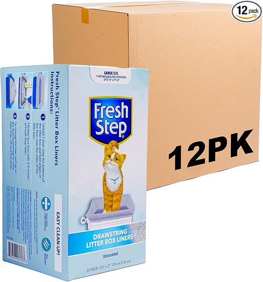 Fresh Step Drawstring Cat Litter Box Liners, Unscented Heavy Duty Kitty Litter Bags for Large Oval or Rectangle Pans, Helps Contain Odor and Mess, Easy Lift Out Cleanup, 30 x 17 in, 15 Count - 12 Pack