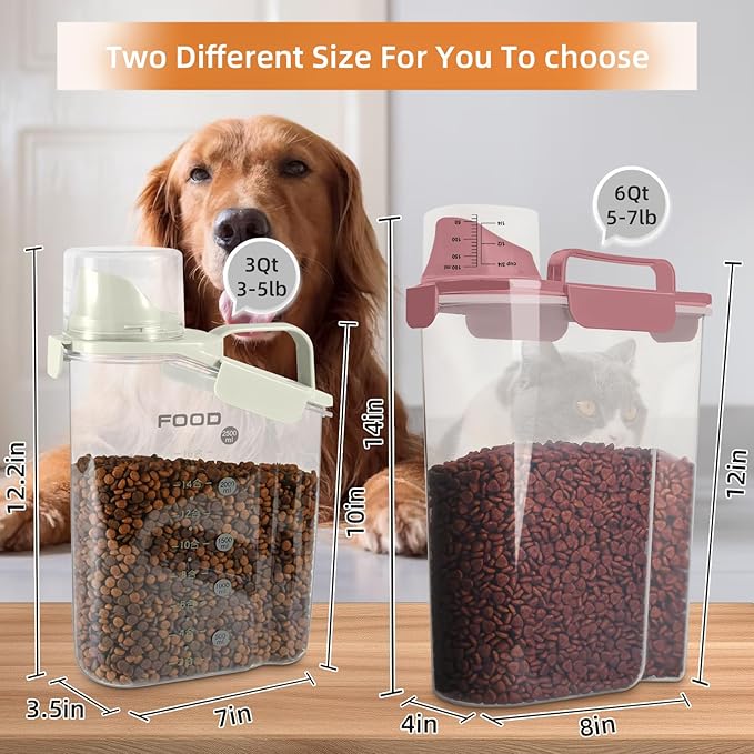 LEAWALK 5-7Lbs Small Cat Dog Food Storage Containers BPA Free, Airtight Pet Food Storage Containers with Large Pour Spout/1 Measuring Cup/ 4 Safety Locks and With Folding Bowl (Rose Pink)
