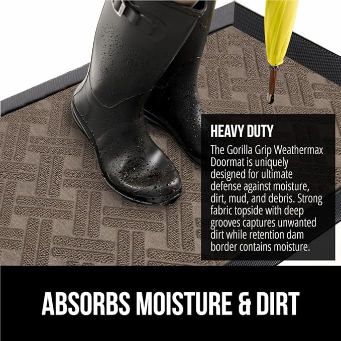 GORILLA GRIP 100% Waterproof All-Season WeatherMax Doormat, 72x24, US Designed Natural Rubber, Stain and Fade Resistant, Low Profile Indoor Outdoor Door Mats, Easy Clean Patio Mat, Taupe Basket Weave
