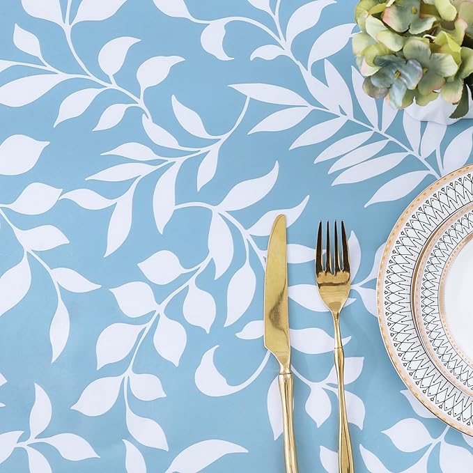 misaya Rectangle Vinyl Tablecloth, Fitted Table Cover, 100% Waterproof, Elastic Edge, Flannel Backing, Plastic Table Cloth Fit Folding Tables for Picnic, Outdoor (Blue Leaves, 36x96 inch)