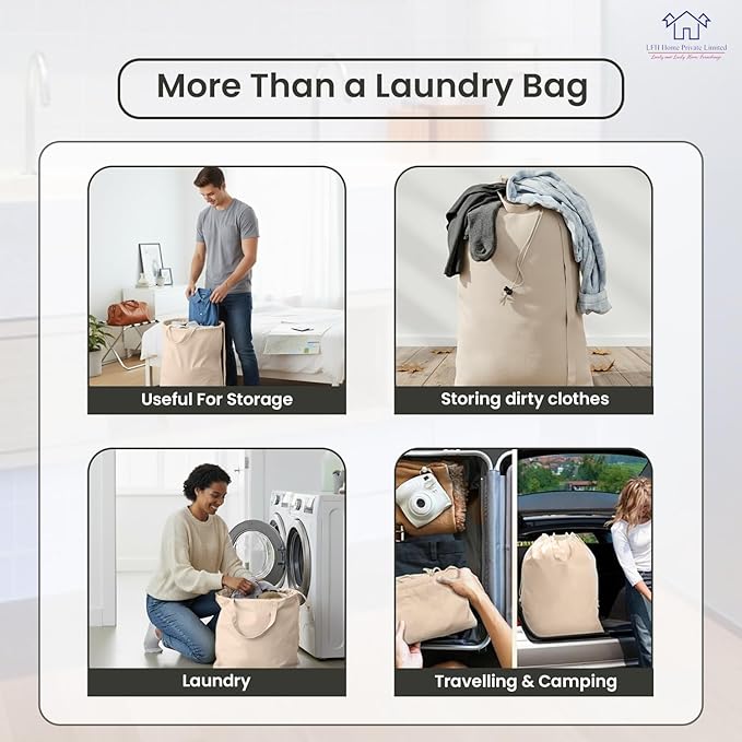 LFH Home Large Premium 100% Cotton Canvas Laundry Bag with Drawstring and Handles Heavy Duty, Multi-Use, and Washable for Home, Travel, College or Storage 28x40 (Pack of 2)-Natural