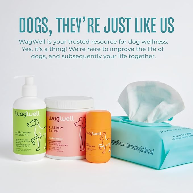 WagWell Daily Cleansing Dog Wipes - Hypoallergenic, Fragrance Free, Microbiome-Friendly Grooming Wipes for Dogs - 50 Count