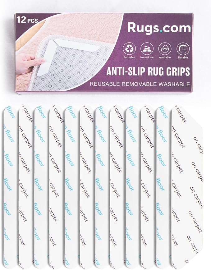 Rugs.com - 12 Pcs Rugs Tape, Non Slip Rug Pad, Reusable Washable Grippers for Rugs, Double Sided Anti Slip Rug Stoppers for Hardwood Floors to Prevent Sliding