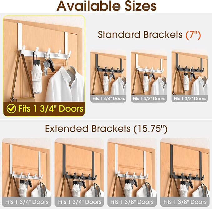 CHAUNCEY HOME Over The Door Hooks Hanger, Heavy Duty Rack for Winter Coat, Fits 1 3/4" Doors, L7U - Bathroom Accessories and Towel Organizer Holder - White